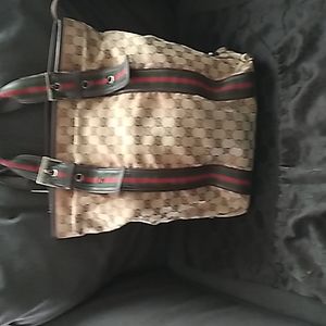 Gucci Beige Monogram Tote with Green and Red Stripes